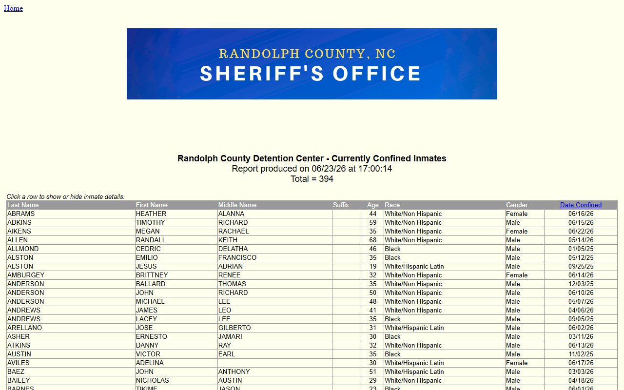 Randolph County Detention Center roster search by last name